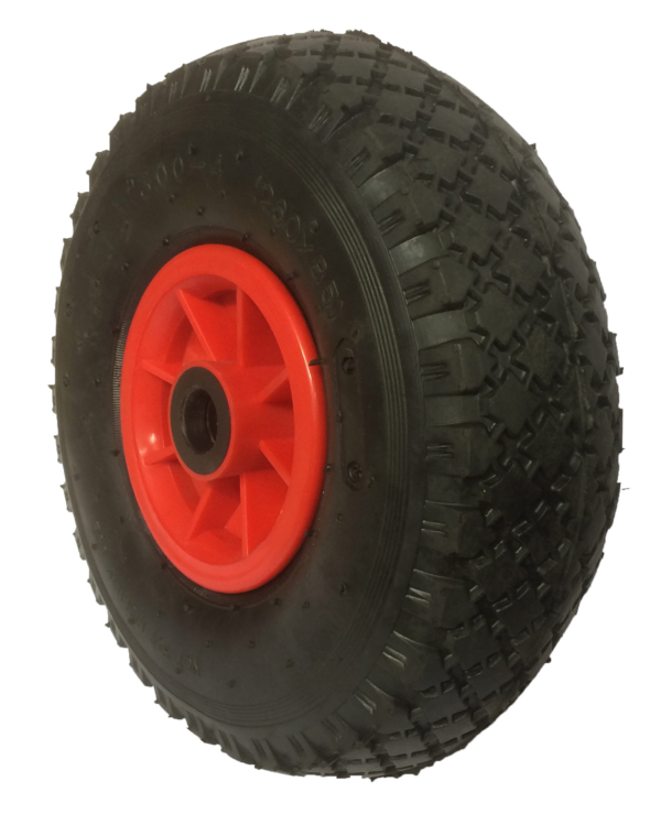 260mm Pneumatic Trolley and Sack Truck Wheel with Red Plastic / Polypropylene Centre.