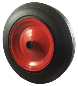 Rubber Tyre Wheel 355mm | Black Rubber Tyre / Red Metal Centre Centre, 400kg, 25.4mm Roller Bearing (BWR35525.4/63RIBRED)