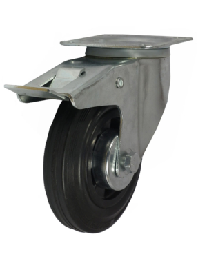 100mm Swivel Castor with Total Stop Brake and Black Rubber Tyre wheel with a Roller Bearing