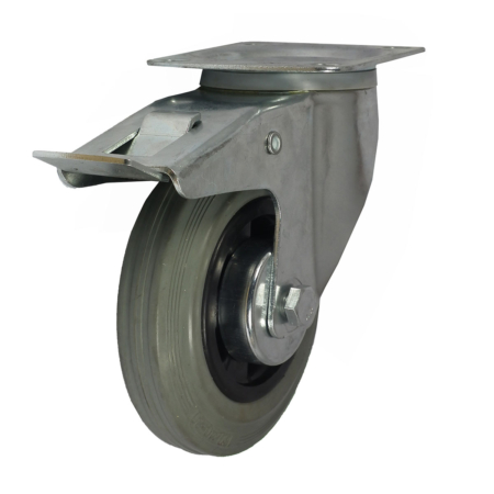 100mm Swivel Castor with Total Stop Brake and Grey Non-Marking Rubber Tyre Wheel with Roller Bearing