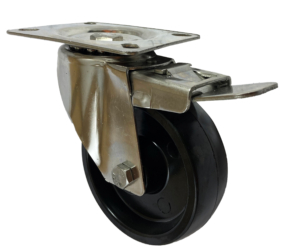 100mm high temperature swivel castor with total stop brake and black phenolic resin wheel with a smooth plain bore