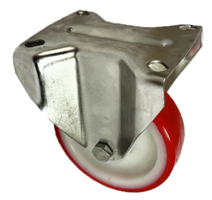 100mm stainless steel fixed castor with red polyurethane tyre on a nylon centre wheel with a roller bearing