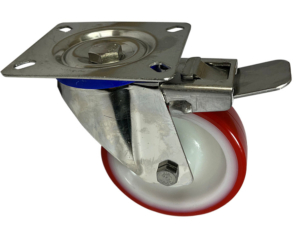 100mm stainless steel swivel and brake castor with red polyurethane tyre on a nylon centre wheel with a roller bearing