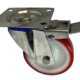 100mm stainless steel swivel and brake castor with red polyurethane tyre on a nylon centre wheel with a roller bearing