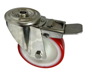 100mm Stainless Steel Swivel with brake Castor with Single Bolt Hole and red polyurethane tyre nylon centre wheel