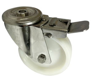 100mm stainless steel swivel and brake 12mm single bolt hole castor with a white nylon wheel