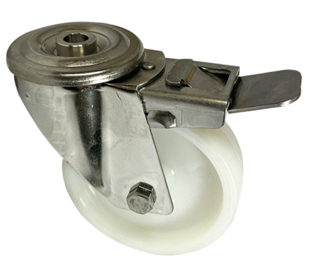 100mm stainless steel swivel and brake 12mm single bolt hole castor with a white nylon wheel