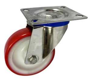 100mm stainless steel swivel castor with red polyurethane tyre wheel on a white nylon centre and stainless steel roller bearing