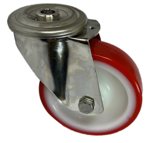 100mm stainless steel swivel castor with red polyurethane tyre on a white nylon centre wheel