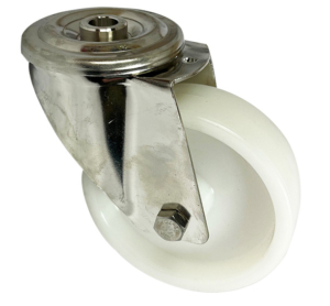 100mm stainless steel swivel castor with 12mm single bolt hole and white nylon wheel