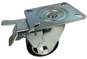 100mm fabricated swivel and brake castor with a black elastic rubber tyre aluminium centre wheel with ball bearings