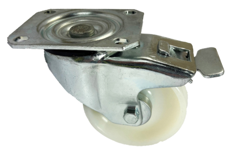 100mm swivel castor with total stop brake and white nylon wheel with a plain bore. 250kg load capacity
