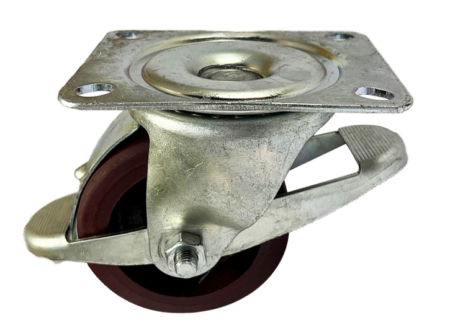 100mm Swivel Castor with Wheel Brake and red Polyurethane Tyre Cast iron wheel. Flexello 61 Series