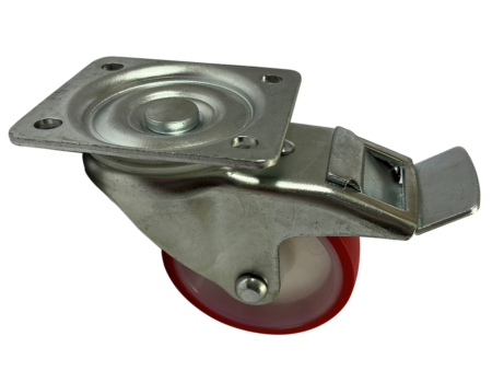 100mm swivel castor with total stop brake and red polyurethane tyre on a nylon centre wheel with a plain bore