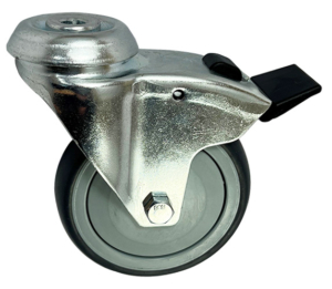 100mm swivel brake castor with 10mm single bolt hole and grey thermoplastic rubber tyre wheel