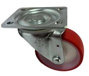 100mm swivel castor with red polyurethane tyre on a white nylon centre with a plain bore