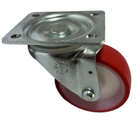 100mm swivel castor with red polyurethane tyre on a white nylon centre with a plain bore
