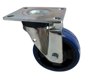 100mm Swivel Castor with Soft Blue Polyurethane Tyre on a Black Nylon Centre Wheel with Ball Bearings