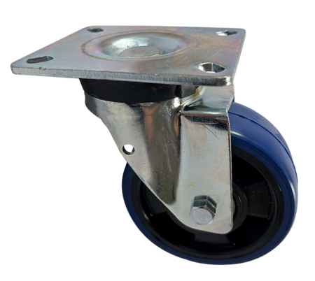 100mm Swivel Castor with Soft Blue Polyurethane Tyre on a Black Nylon Centre Wheel with Ball Bearings