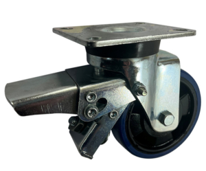100mm Swivel Castor with Total Stop Brake and Soft Blue Polyurethane Tyre with Ball Bearings