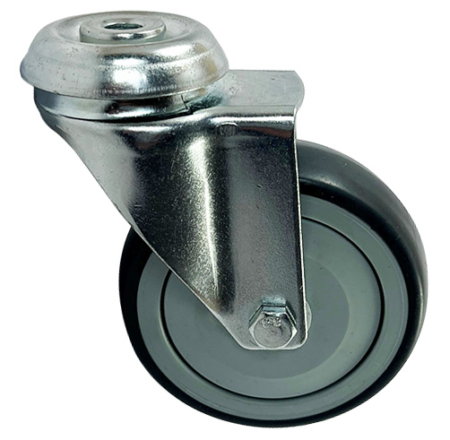 100mm swivel castor with 10mm single bolt hole fitting and grey thermoplastic rubber tyre wheel with a single ball bearing