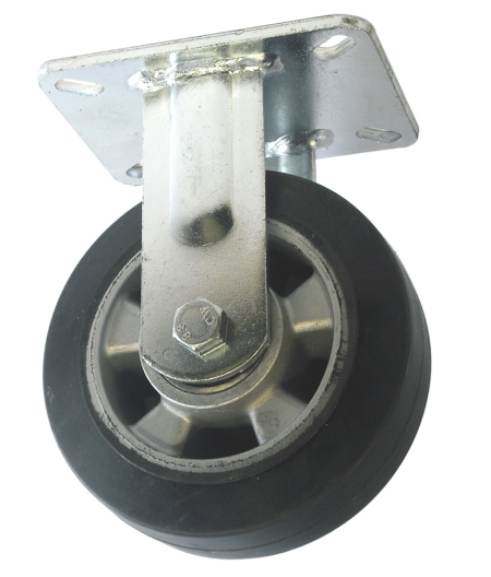 125mm Fixed Castor with 105x80mm Bolt Hole Centres and a Black Elastic Rubber Tyre on an Aluminium Centre wheel with Ball Bearings.