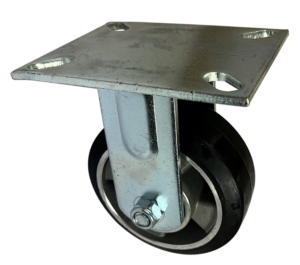 Fixed or Rigid Castor 125mm with fabricated steel frame and black elastic rubber tyre wheel with ball bearings
