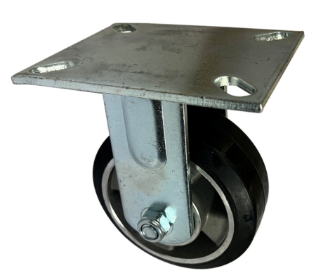Fixed or Rigid Castor 125mm with fabricated steel frame and black elastic rubber tyre wheel with ball bearings