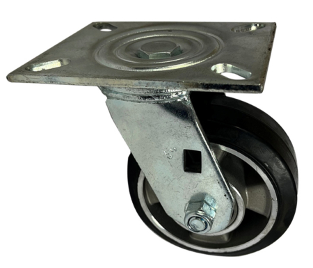 Swivel Castor 125mm with fabricated steel frame and black elastic rubber tyre wheel with ball bearings