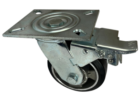 Swivel and brake Castor 125mm with fabricated steel frame and black elastic rubber tyre wheel with ball bearings