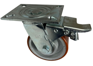 Swivel Castor with dual pedal total stop brake, 125mm with fabricated steel frame and polyurethane tyre cast iron wheel with ball bearings
