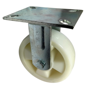 150mm fixed rigid castor made from fabricated steel with a white nylon wheel with ball bearings