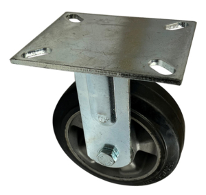 150mm fixed rigid castor with fabricated steel bracket and elastic rubber tyre wheel on an aluminium centre with ball bearings