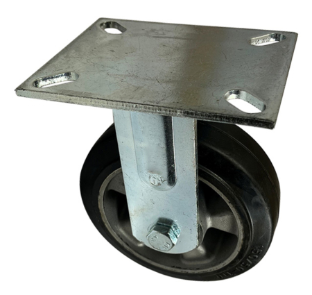 150mm fixed rigid castor with fabricated steel bracket and elastic rubber tyre wheel on an aluminium centre with ball bearings