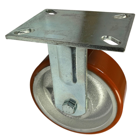 150mm fabricated steel fixed rigid castor with polyurethane tyre wheel on a cast iron centre with ball bearings