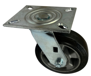 150mm swivel castor with fabricated steel bracket and black elastic rubber tyre wheel on an aluminium centre with ball bearings