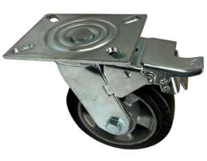 150mm fabricated steel swivel castor with total stop brake an black elastic rubber tyre wheel on an aluminium centre with ball bearings