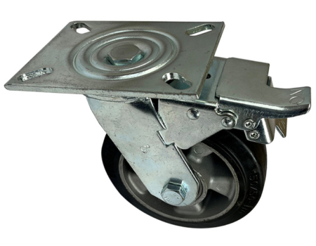 150mm fabricated steel swivel castor with total stop brake an black elastic rubber tyre wheel on an aluminium centre with ball bearings