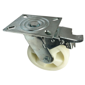 150mm swivel castor with total stop brake and white nylon wheel with ball bearings. The bracket is made from fabricated steel