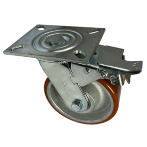 150mm fabricated steel swivel castor with total stop brake and polyurethane tyre cast iron wheel with ball bearings