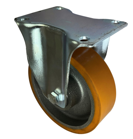 160mm Fixed (rigid) Castor. Pressed Steel Frame with Polyurethane tyre on a cast iron centre wheel with ball Journals and 600kg Load Capacity,