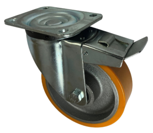 160mm Swivel with Brake Pressed Steel Castor. Polyurethane tyre on a cast iron centre wheel with ball Journals and 600kg Load Capacity,