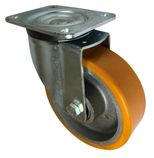160mm Swivel Castor. Pressed Steel. Polyurethane tyre on a cast iron centre wheel with ball Journals and 600kg Load Capacity,