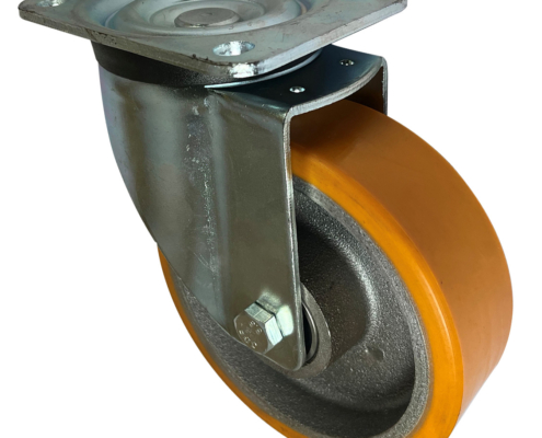 160mm Swivel Castor. Pressed Steel. Polyurethane tyre on a cast iron centre wheel with ball Journals and 600kg Load Capacity,