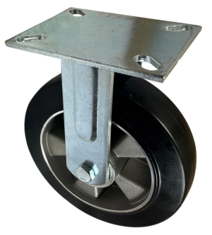 200mm fixed and rigid castor with a fabricated steel bracket and black elastic rubber tyre wheel on an aluminium centre with ball bearings