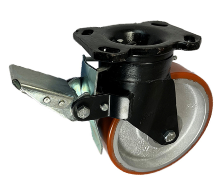 Swivel Castor and Brake with a Black Painted Fabricated Steel Frame and Polyurethane Tyre Cast Iron wheel with ball bearings