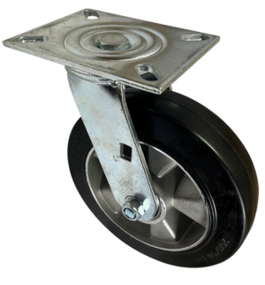 200mm swivel castor with fabricated steel bracket and black elastic rubber tyre will on an aluminium centre with ball bearings
