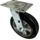 200mm swivel castor with fabricated steel bracket and black elastic rubber tyre will on an aluminium centre with ball bearings