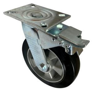 200mm swivel and brake castor with a fabricated steel bracket and black elastic rubber tyre wheel on an aluminium centre with ball bearings