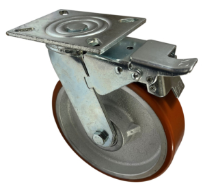 200mm Swivel and Brake Castor with a Fabricated Steel Bracket and Polyurethane Tyre Cast Iron Wheel with Ball Bearings